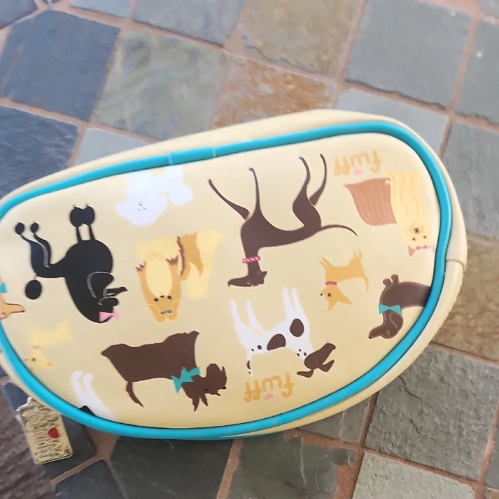 ✨️Fluff Yellow Neoprene Dog Print Travel Pouch with Turquoise Trim